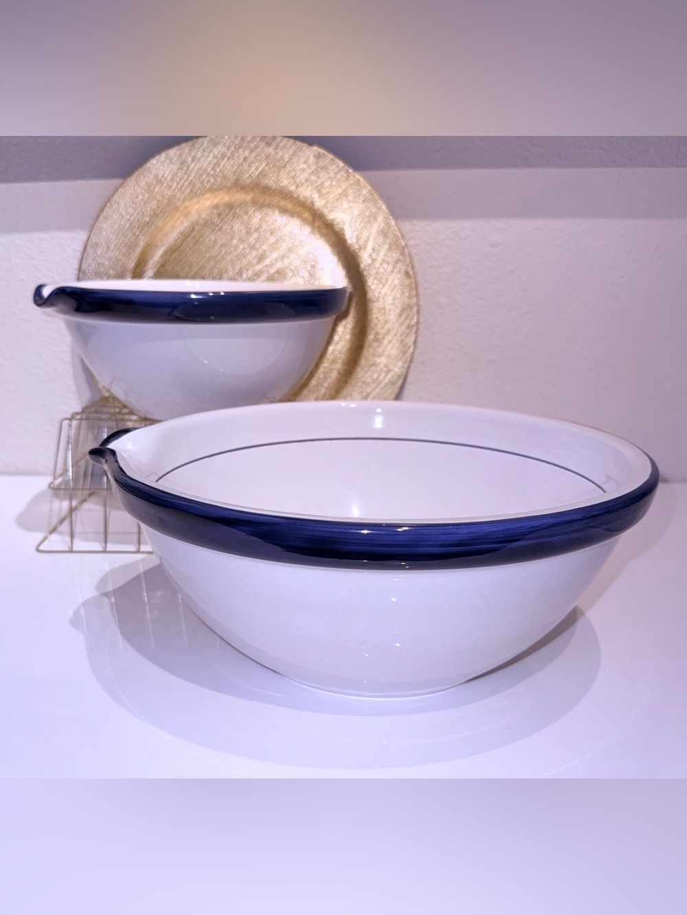 Dansk White Mixing Serving Bowls with Deep Blue Rim